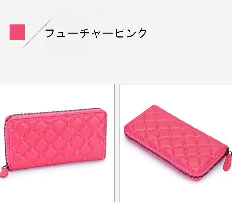 羊革財布 ラムスキン財布 ラウンドファスナー長財布 マトラッセ財布 本革 黒 ピンク ベージュ ネイビー