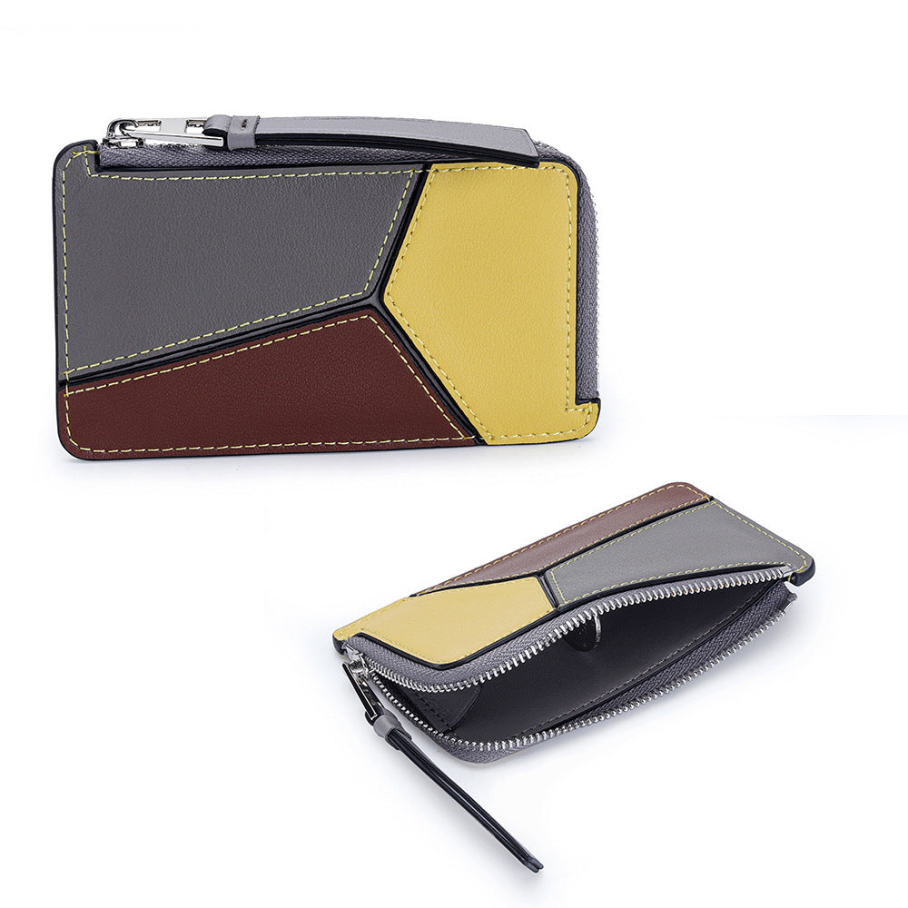 薄型財布 ラウンドファスナー レディース 本革二つ折り財布 本革コインケース パズル風 黒 ピンク