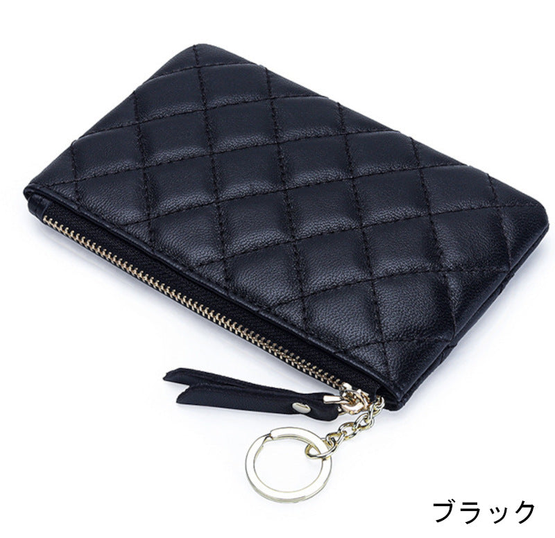 羊革財布 ラムスキン財布 マトラッセ財布 キーチェーン付 本革小銭入れ 黒 赤 ピンク グレー ネイビー