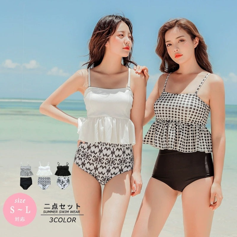 水着 レディース 体型 カバー ペプラム セパレート タンキニ 痩せ見え リゾート 大人可愛い ビーチウェア ホワイト ギンガムチェック