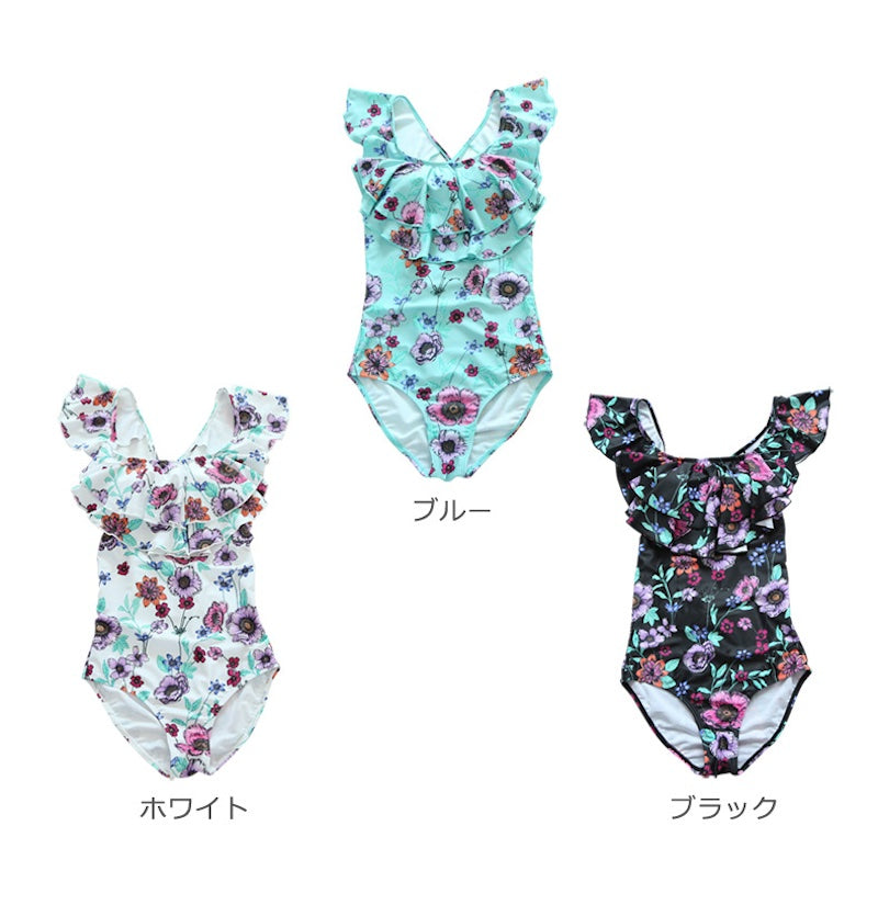 水着 レディース 体型カバー ワンピース 花柄  スリーブ付 フリル 上品 痩せ見え ホワイト ブルー ブラック - 26