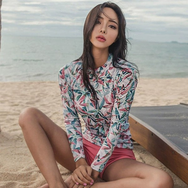 水着 レディース 体型カバー セットアップ ボタニカル柄 華奢見え ビーチウェア リーフ柄 ピンク