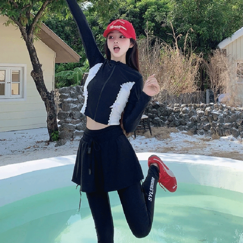 水着 レディース 体型カバー 4点セット 長袖ラッシュガード レギンス スポーツ水着 日焼け対策 ブラック