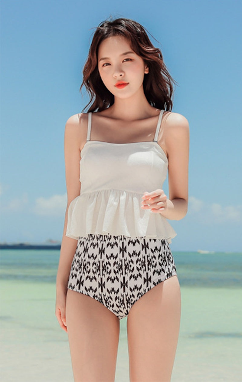水着 レディース 体型 カバー ペプラム セパレート タンキニ 痩せ見え リゾート 大人可愛い ビーチウェア ホワイト ギンガムチェック - 11