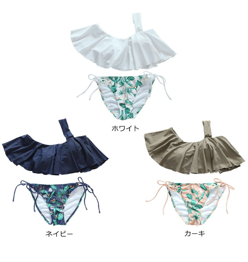 水着 レディース 体型カバー2点セット 服に見える水着 タンキニ ワンショルダー  ボタニカル柄 ビキニ ホワイト ネイビー カーキ - 21