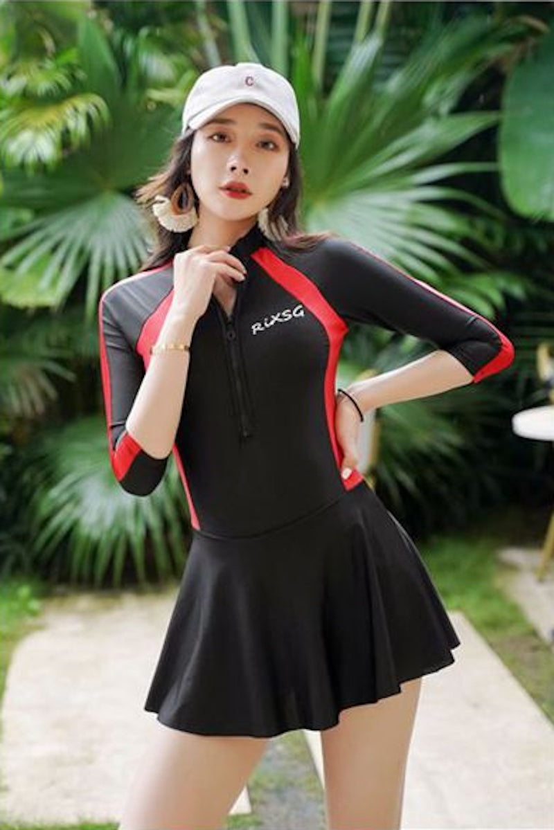 水着 レディース 体型カバー 長袖ラッシュガード付 服に見える水着 フレアスカート スポーティー サーフィン リゾート 白 赤 青 - 12