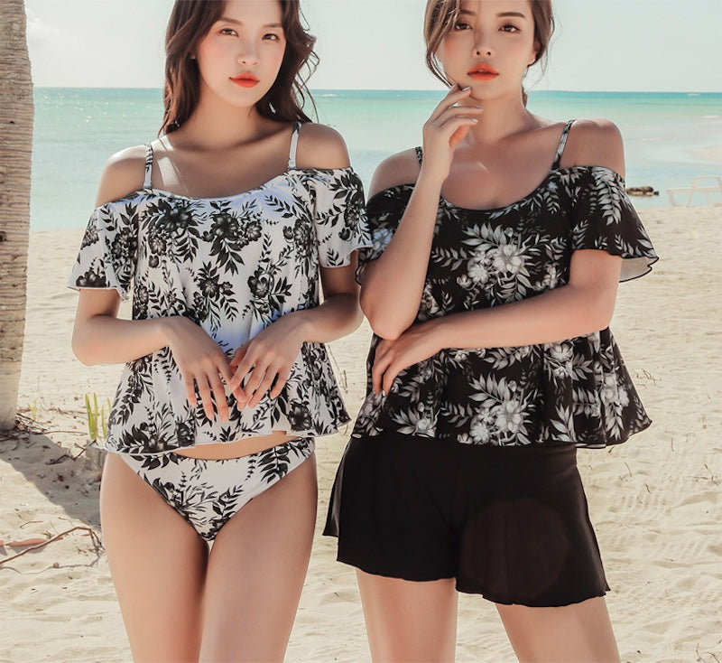 水着 レディース 体型 カバー 3点セット 服に見える水着 オフショルダー カバーアップ付 パンツ付 ボタニカル柄 黒白 - 3