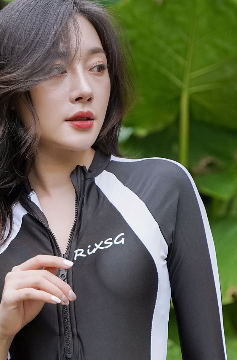 水着 レディース 体型カバー 長袖ラッシュガード付 服に見える水着 フレアスカート スポーティー サーフィン リゾート 白 赤 青 - 8