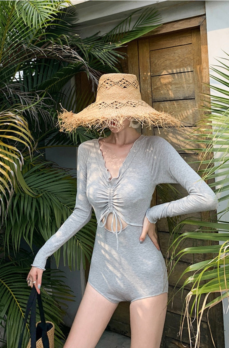 水着 レディース 体型カバー 2点セット 服に見える水着 長袖ラッシュガード スカート付き 痩せ見え グレー - 5
