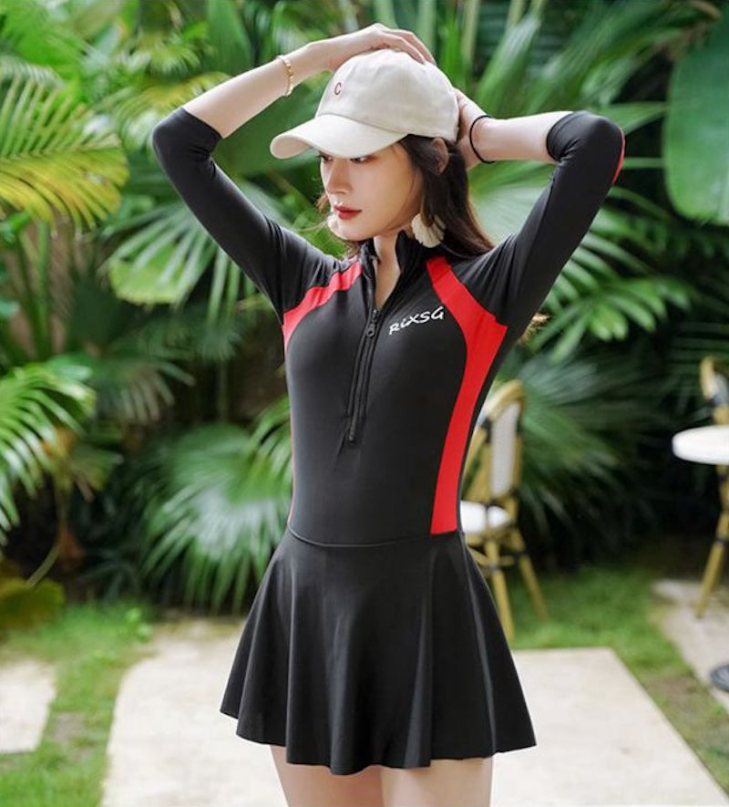 水着 レディース 体型カバー 長袖ラッシュガード付 服に見える水着 フレアスカート スポーティー サーフィン リゾート 白 赤 青 - 10