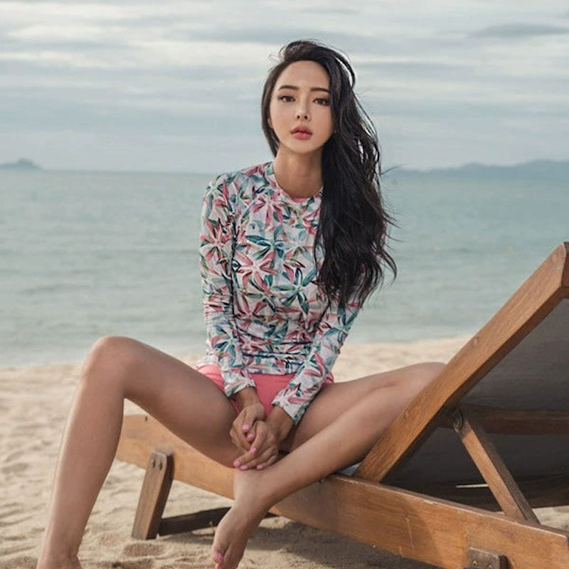 水着 レディース 体型カバー セットアップ ボタニカル柄 華奢見え ビーチウェア リーフ柄 ピンク