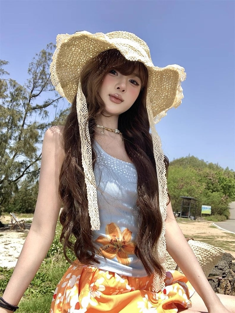 水着 レディース 体型 カバー 3点セット タンキニ パフスカート付き レトロ ガーリー水着 ビーチウェア 花柄