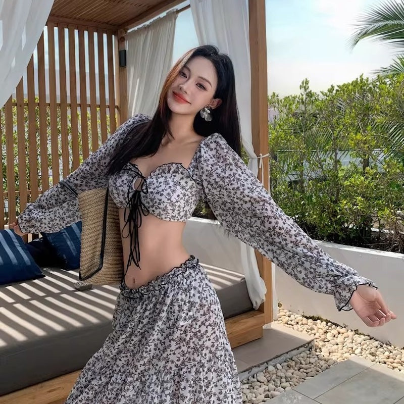 水着 レディース 体型カバー 3点セット 長袖ラッシュガード カバーアップ ロングスカート 小花柄  痩せ見え ビーチウェア 高級感 グレー