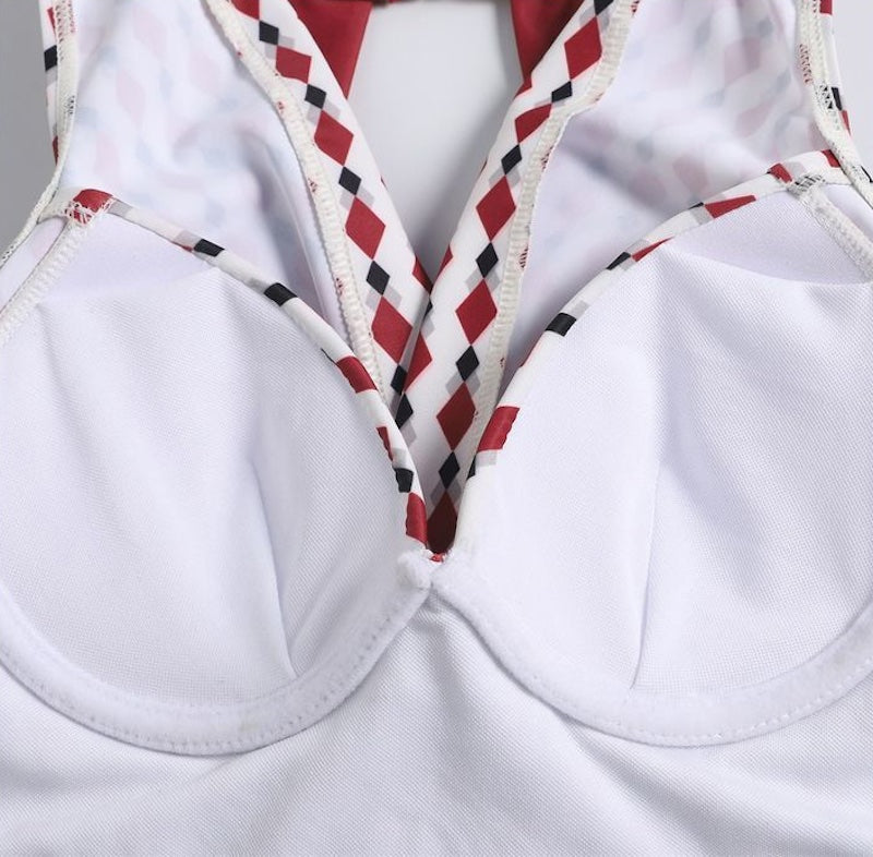 水着 レディース 体型カバー 服に見える水着 フレアスカート ホルターネック ウエストシェイプ 痩せ見え ダイヤ柄 高級感 ビーチウェア　赤 - 9