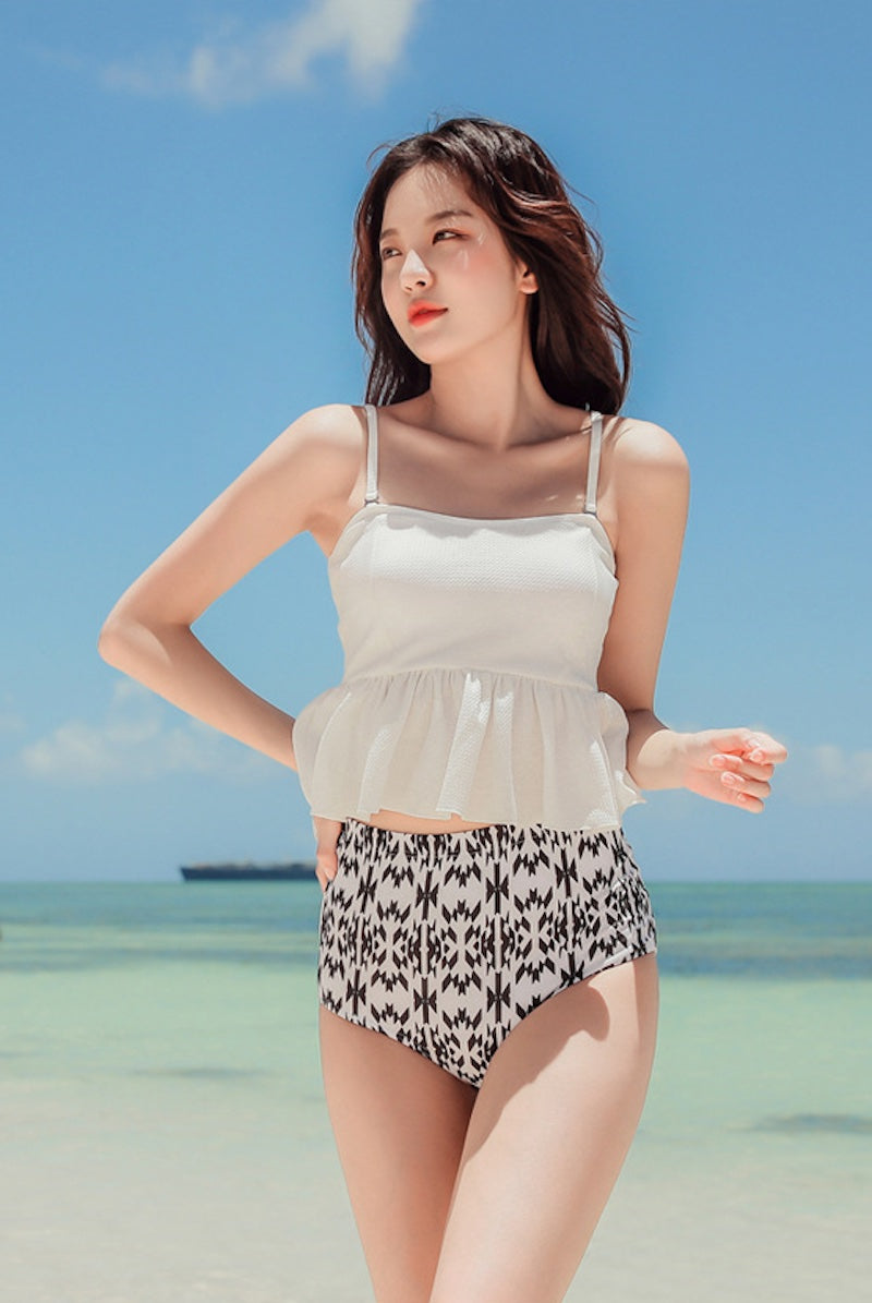 水着 レディース 体型 カバー ペプラム セパレート タンキニ 痩せ見え リゾート 大人可愛い ビーチウェア ホワイト ギンガムチェック - 10