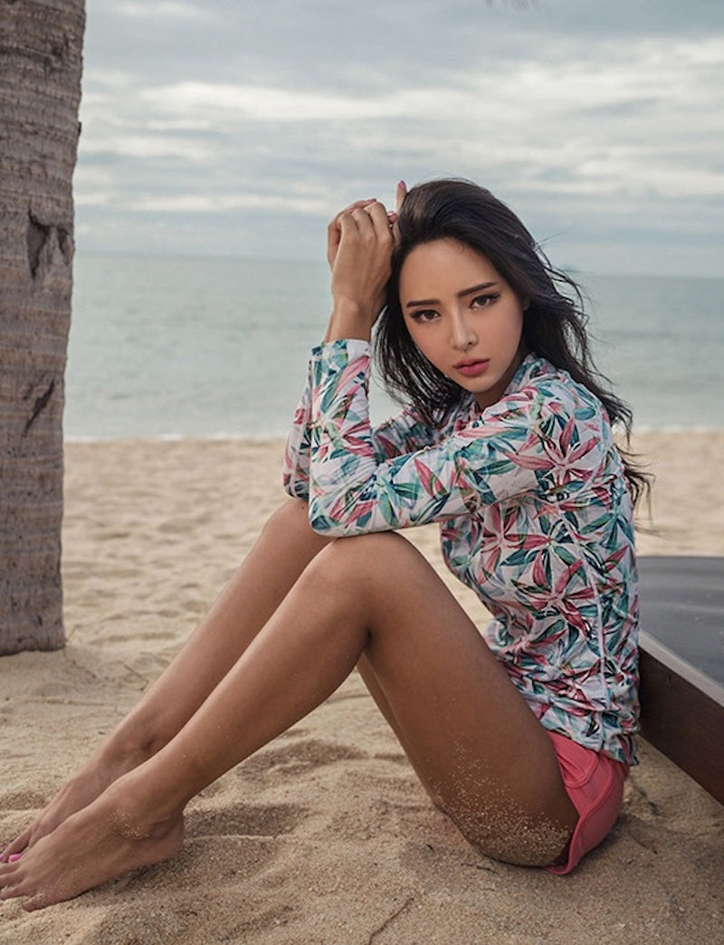 水着 レディース 体型カバー セットアップ ボタニカル柄 華奢見え ビーチウェア リーフ柄 ピンク