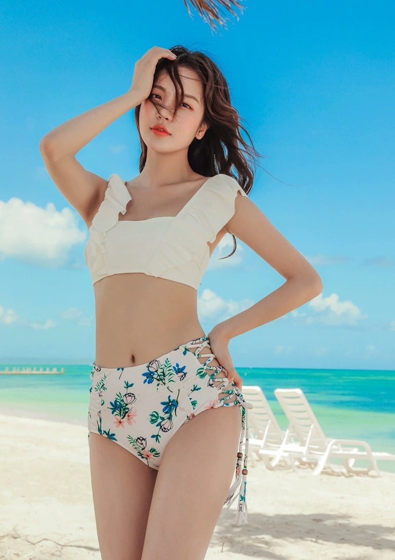 水着 レディース 体型カバー2点セット 服に見える水着 タンキニ  セパレート ハイウエスト 痩せ見え リゾート水着  ホワイト ネイビー
