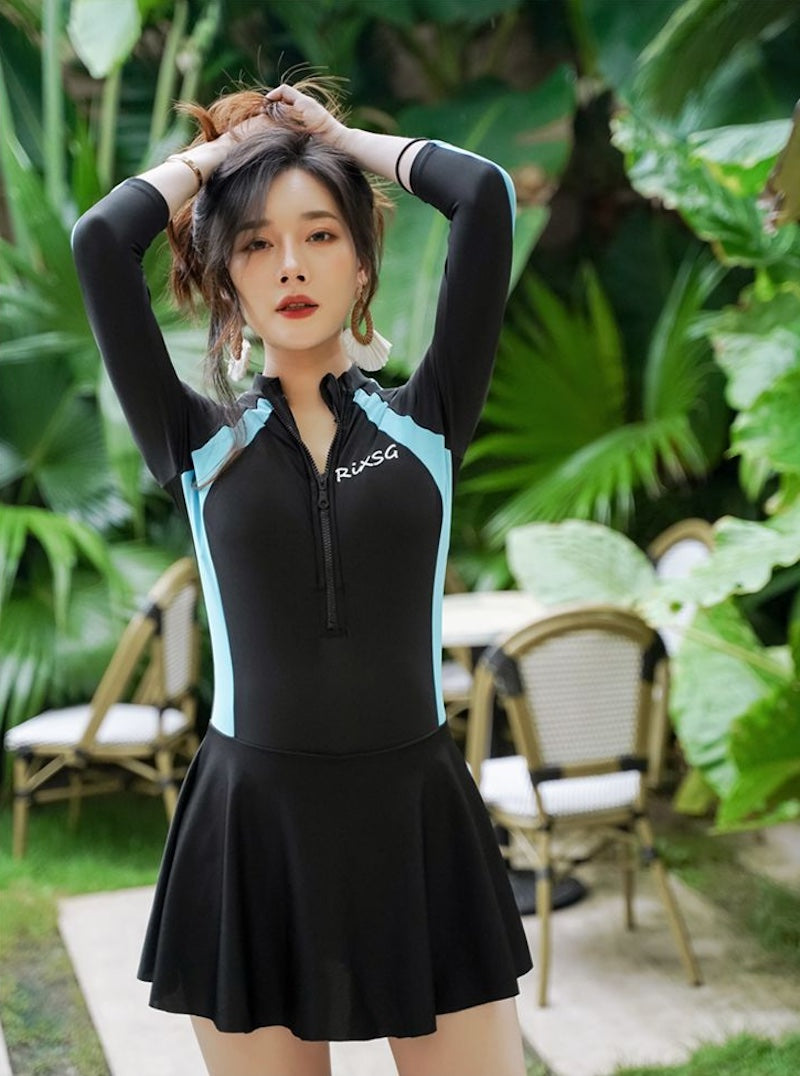 水着 レディース 体型カバー 長袖ラッシュガード付 服に見える水着 フレアスカート スポーティー サーフィン リゾート 白 赤 青 - 13