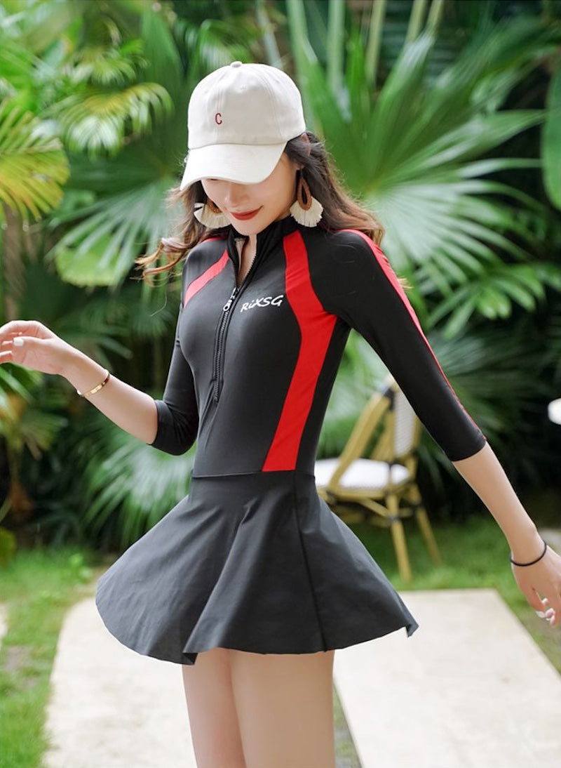 水着 レディース 体型カバー 長袖ラッシュガード付 服に見える水着 フレアスカート スポーティー サーフィン リゾート 白 赤 青 - 9