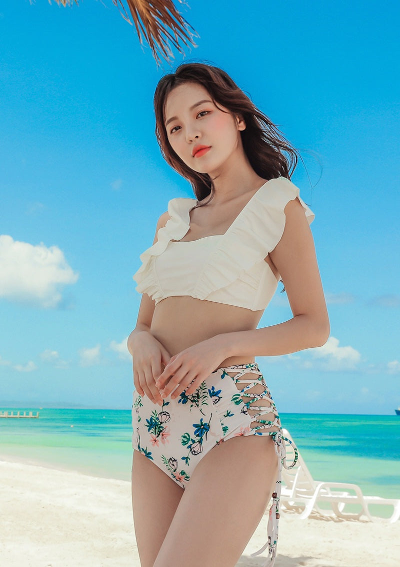 水着 レディース 体型カバー2点セット 服に見える水着 タンキニ  セパレート ハイウエスト 痩せ見え リゾート水着  ホワイト ネイビー - 6