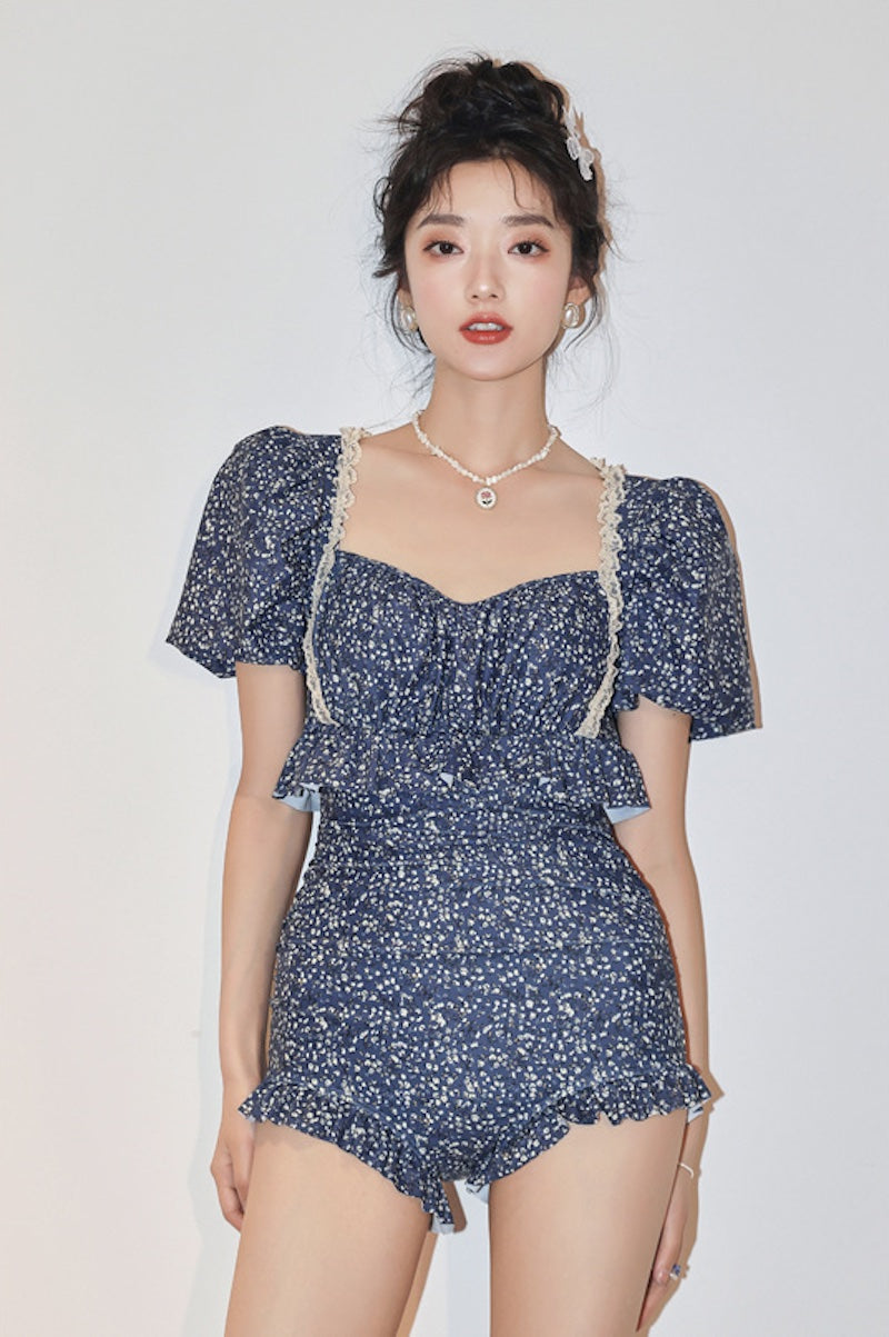 水着 レディース 体型カバー 服に見える水着 小花柄 レース付 大きいサイズ 痩せ見え  大人可愛い - 8