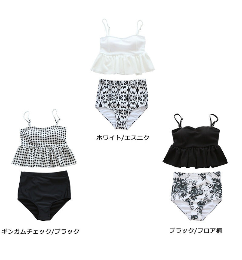 水着 レディース 体型 カバー ペプラム セパレート タンキニ 痩せ見え リゾート 大人可愛い ビーチウェア ホワイト ギンガムチェック - 24