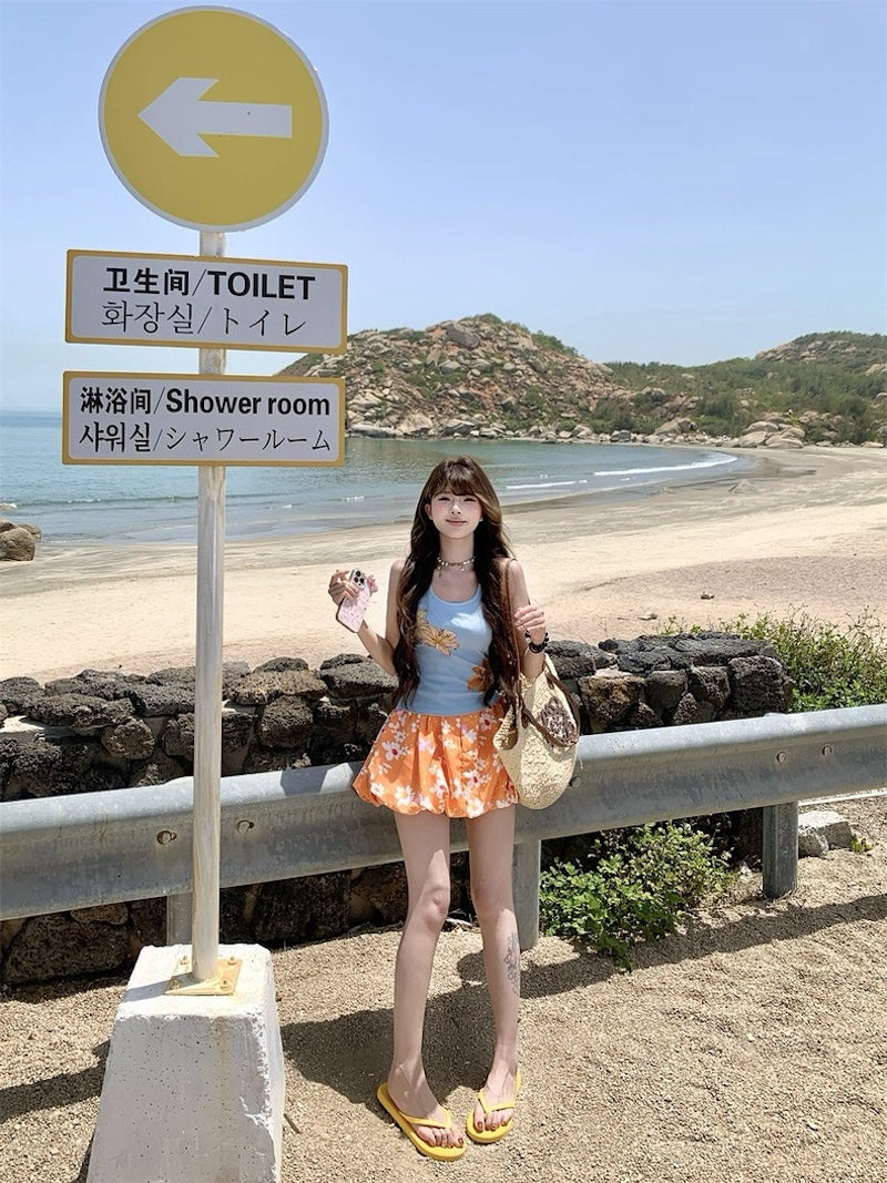 水着 レディース 体型 カバー 3点セット タンキニ パフスカート付き レトロ ガーリー水着 ビーチウェア 花柄