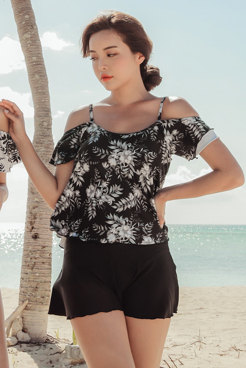 水着 レディース 体型 カバー 3点セット 服に見える水着 オフショルダー カバーアップ付 パンツ付 ボタニカル柄 黒白 - 9
