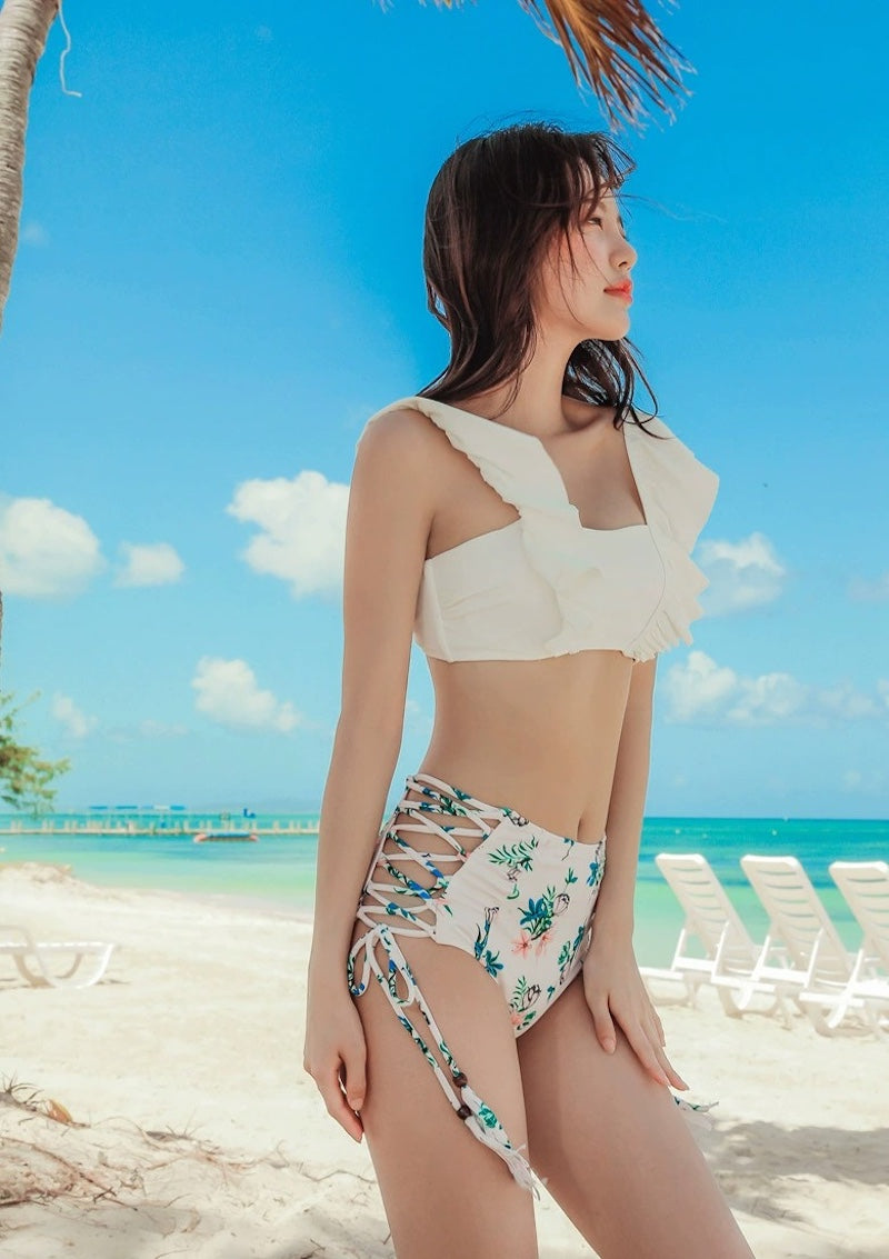 水着 レディース 体型カバー2点セット 服に見える水着 タンキニ  セパレート ハイウエスト 痩せ見え リゾート水着  ホワイト ネイビー - 2