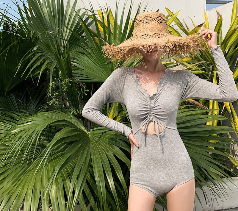 水着 レディース 体型カバー 2点セット 服に見える水着 長袖ラッシュガード スカート付き 痩せ見え グレー - 4