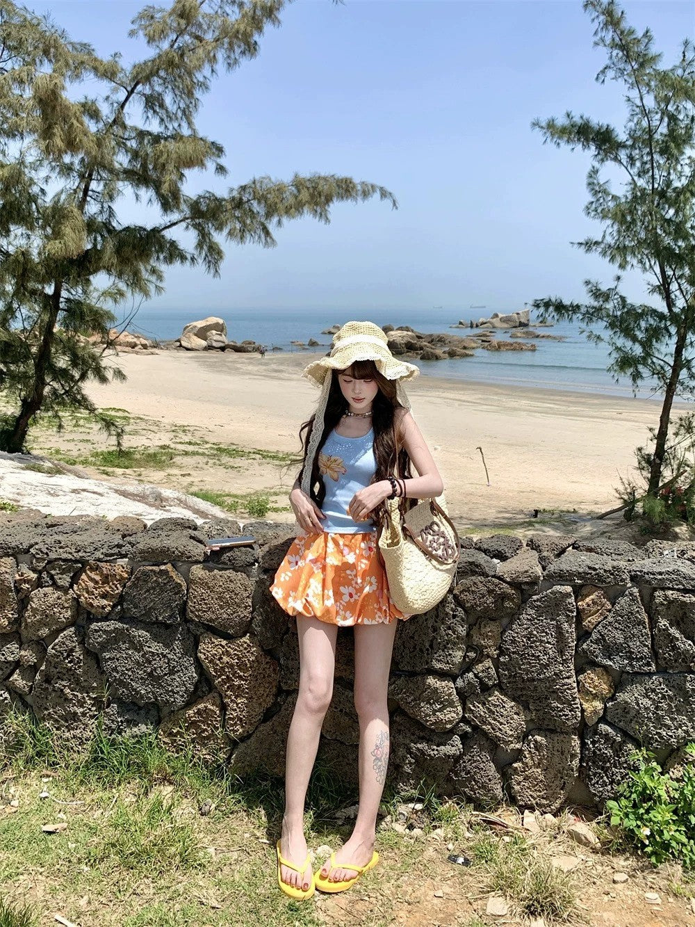 水着 レディース 体型 カバー 3点セット タンキニ パフスカート付き レトロ ガーリー水着 ビーチウェア 花柄
