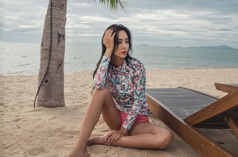 水着 レディース 体型カバー セットアップ ボタニカル柄 華奢見え ビーチウェア リーフ柄 ピンク