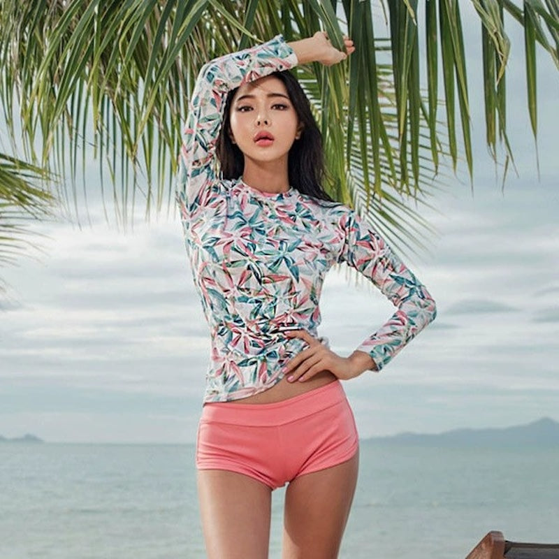 水着 レディース 体型カバー セットアップ ボタニカル柄 華奢見え ビーチウェア リーフ柄 ピンク
